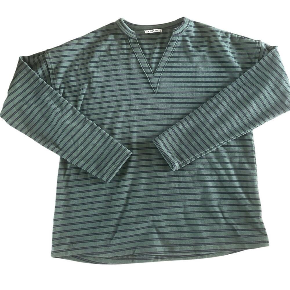 Staccato Womens L Green Black Striped Split Neck Long Sleeve Pullover Top comfy
